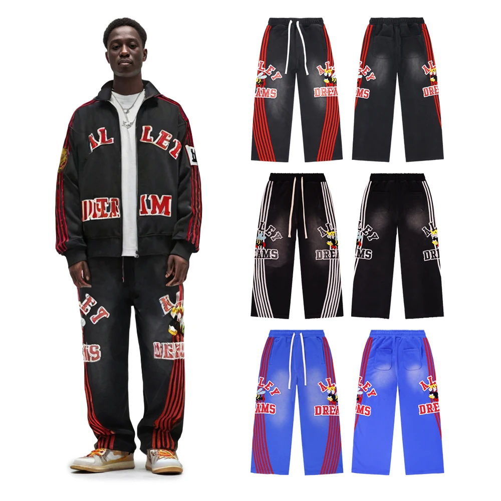 Streetwear Strip Spliced Sport Sweatpants with Towel Embroidery Hiphop Street Style Cotton Vintage Distressed Casual Sport Pants