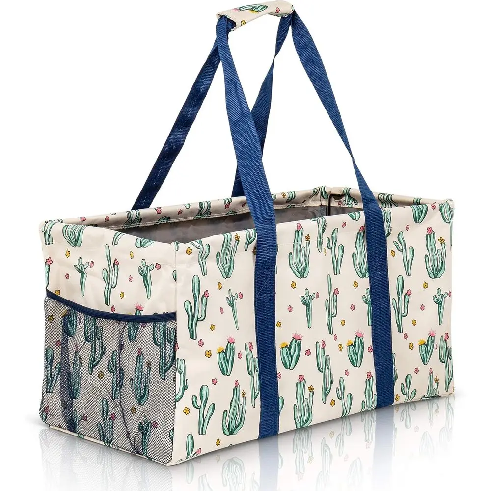 

Large Collapsible Canvas Tote with Wire Frame and Pockets - Perfect for Beach, Laundry, Storage