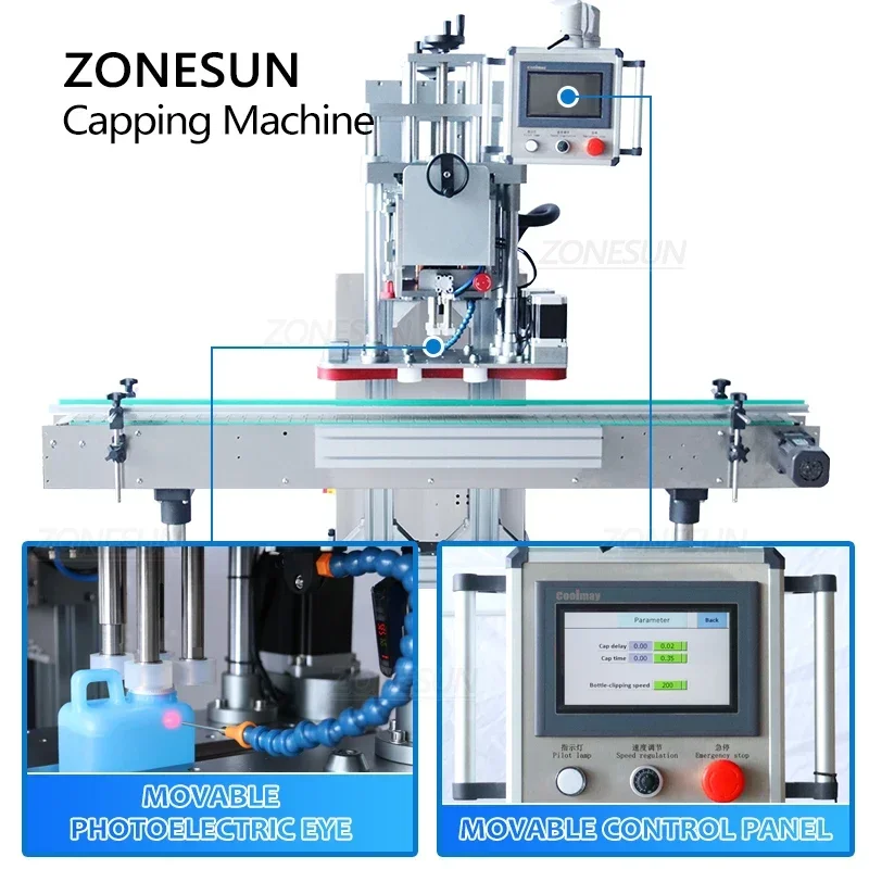 ZONESUN ZS-XG20A Automatic Bottle Capping Machine Inline 4 Wheels Screw Capper for Juice Shampoo Essential Oil Liquid Line