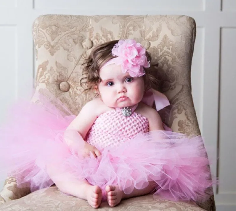 Cute Baby Pink Dress Infant Girls Crochet Tulle Tutu Dresses with Flower Hairbow Newborn 1st Birthday Party Photography Costumes