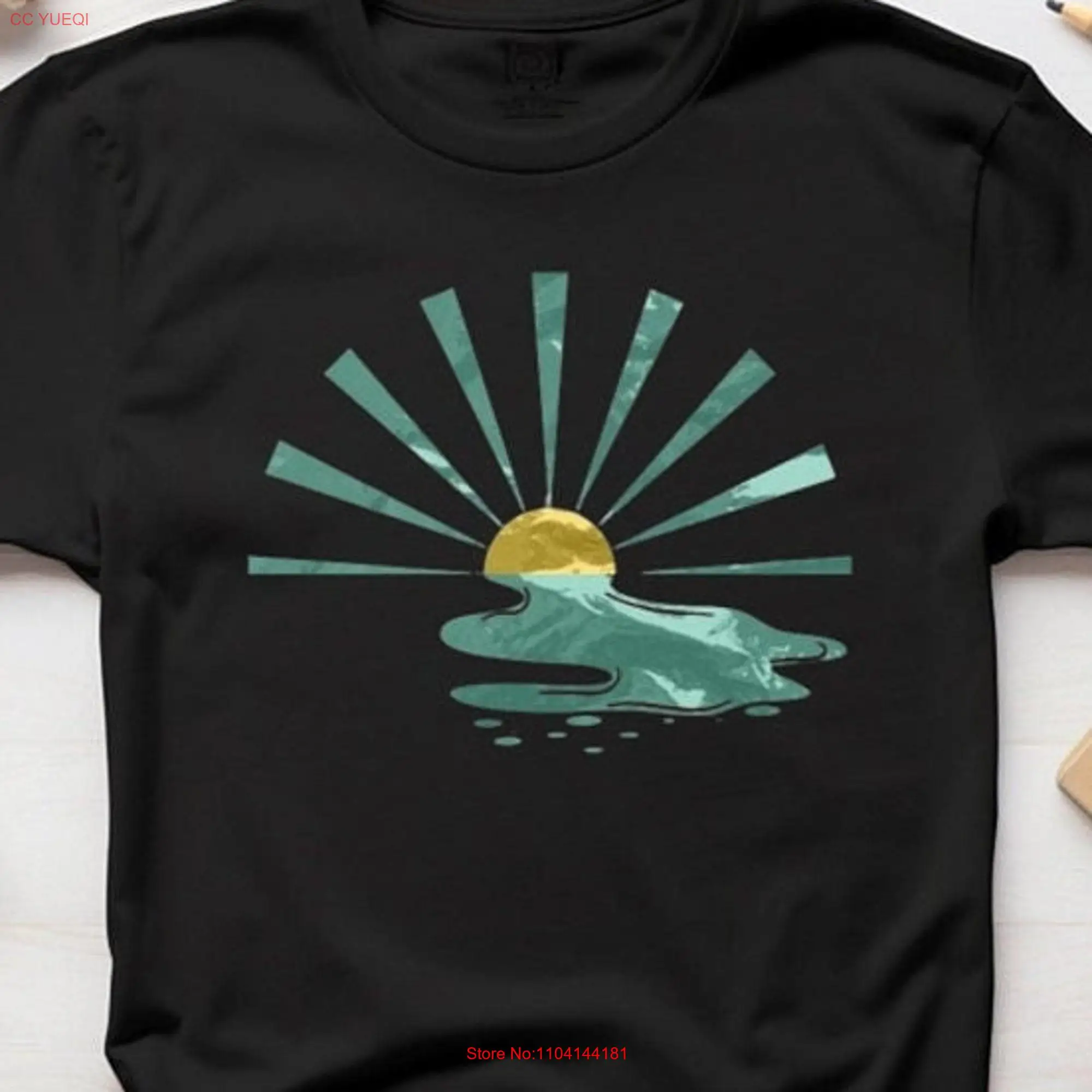 Retro Sunrise Ripples T Shirt Funky Sun Rays and Wavy Water  Jersey  long or short sleeves