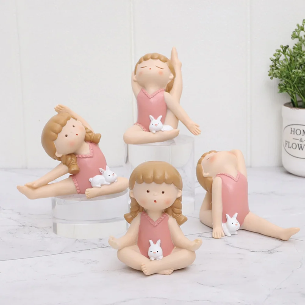 Figuritas Kawaii para Yoga, gimnasio, gimnasia, conejito, niña, estatua, escultura, coche, adornos de pastel, decoración del hogar, regalos en miniatura