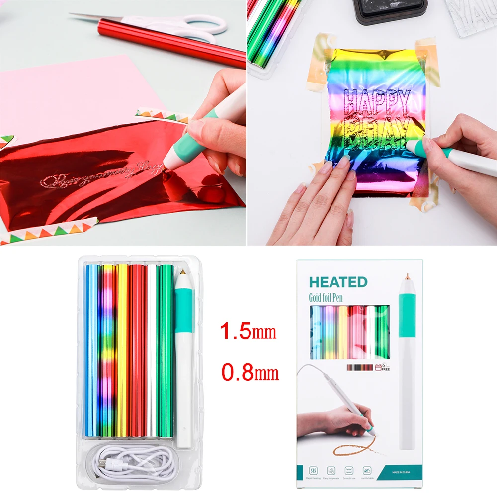 

0.8mm 1.5mm USB Hot Foil Pen 6 Heat-Activated Foil Roll Set For Paper Leather Heat Active Gold Foil Pen DIY Scrapbook Craft Tool
