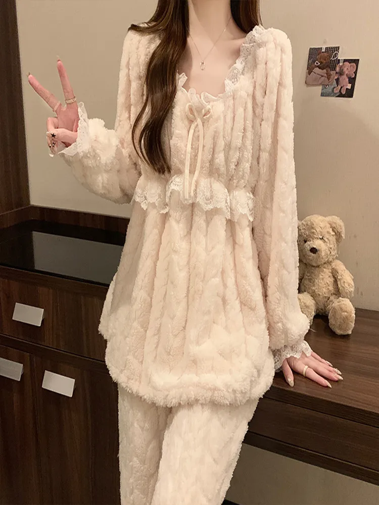 Princess Style Women's Sleepwear Fleece Lined Thickened Coral Velvet Home Clothes Sweet Cute Long Sleeve round Neck Nightgown