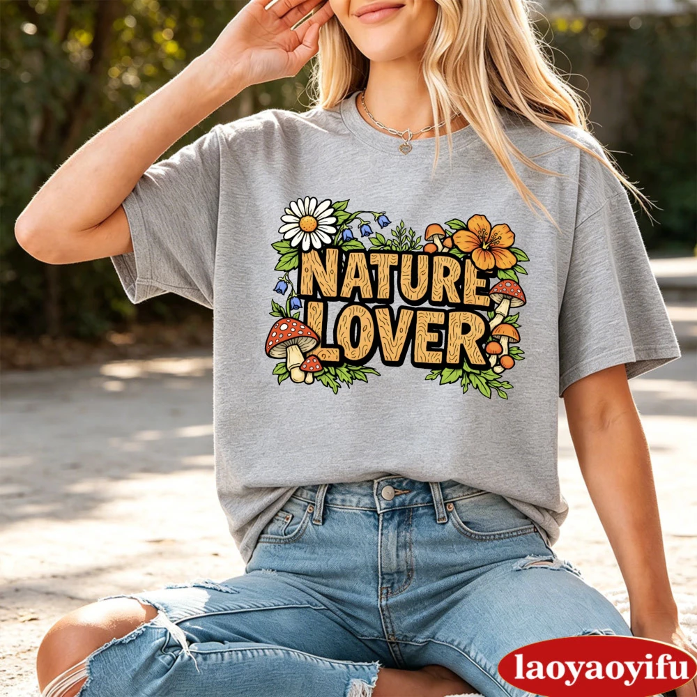 Nature Lover Grey T-Shirt Women Mushroom Graphic Tee Botanical Top Trendy Autumn Female Outdoor Casual Shirt