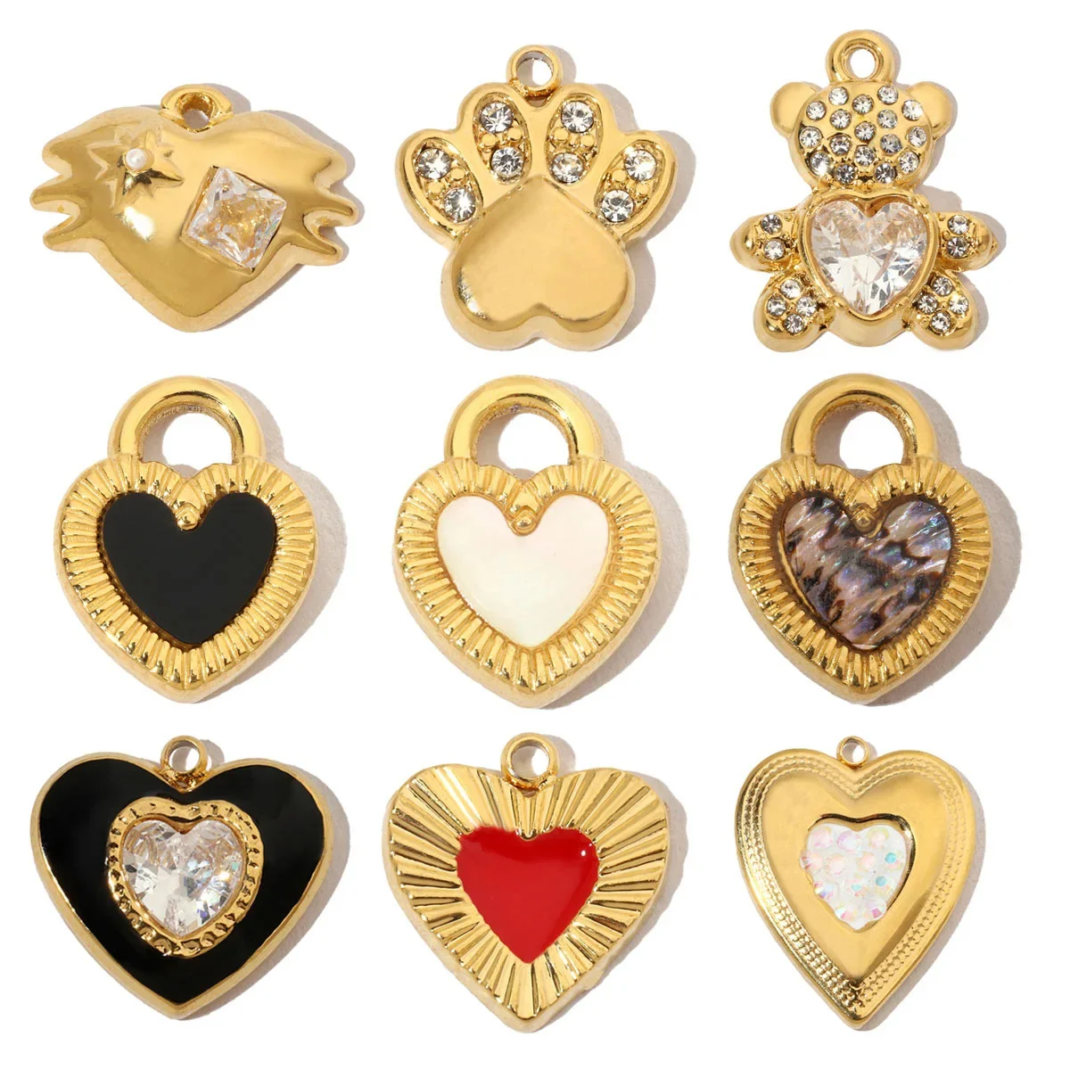 3pcs/Lot French Crystal Bear Paw Stainless Steel Bracelet Charms Women Enamel Heart Necklace Pendant Love Lock Jewelry