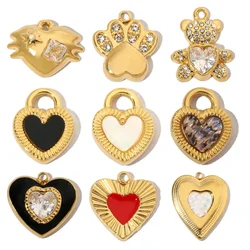3pcs/Lot French Crystal Bear Paw Stainless Steel Bracelet Charms Women Enamel Heart Necklace Pendant Love Lock Jewelry