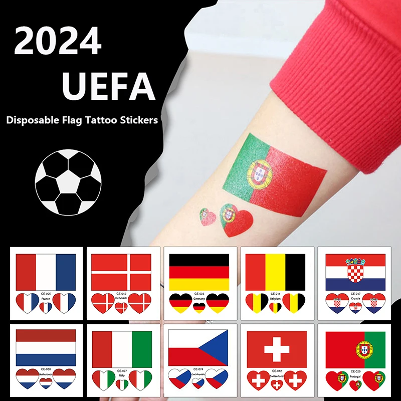 10 Sheets 2024 European Cup Flag Temporary Tattoos National Flag Face Stickers Waterproof Arm Stickers Germany Football Fan Gift