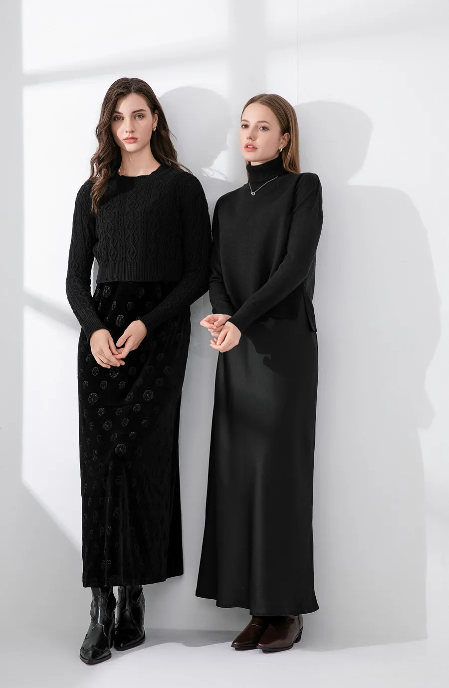 2024 AS Elegance roupas femininas Mockneck tricô top + saia de cetim de luxo de alta qualidade (enviar em 1 dia)