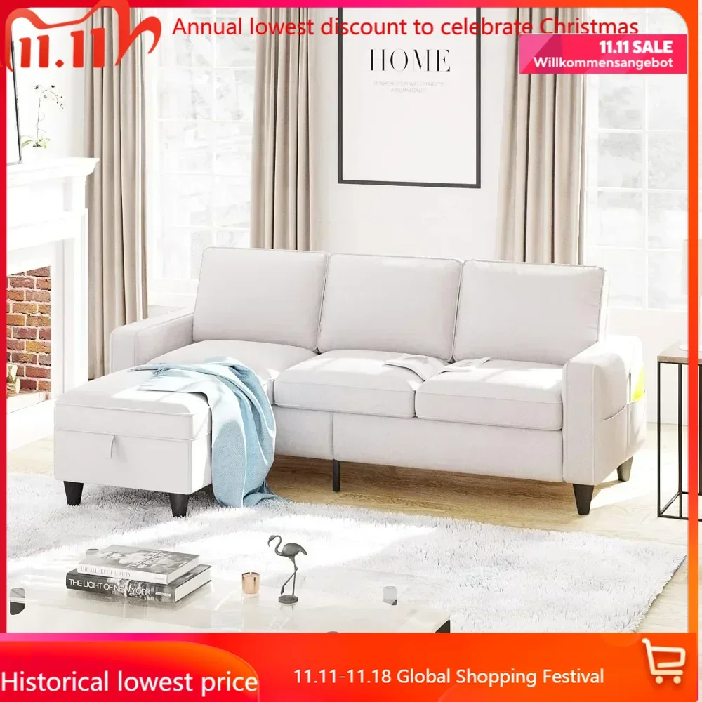 

Convertible Sectional Sofa Couch L-Shaped Couch with Storage Ottoman, Beige Couches for Living Room, 3-Seat Sectional Sofas for