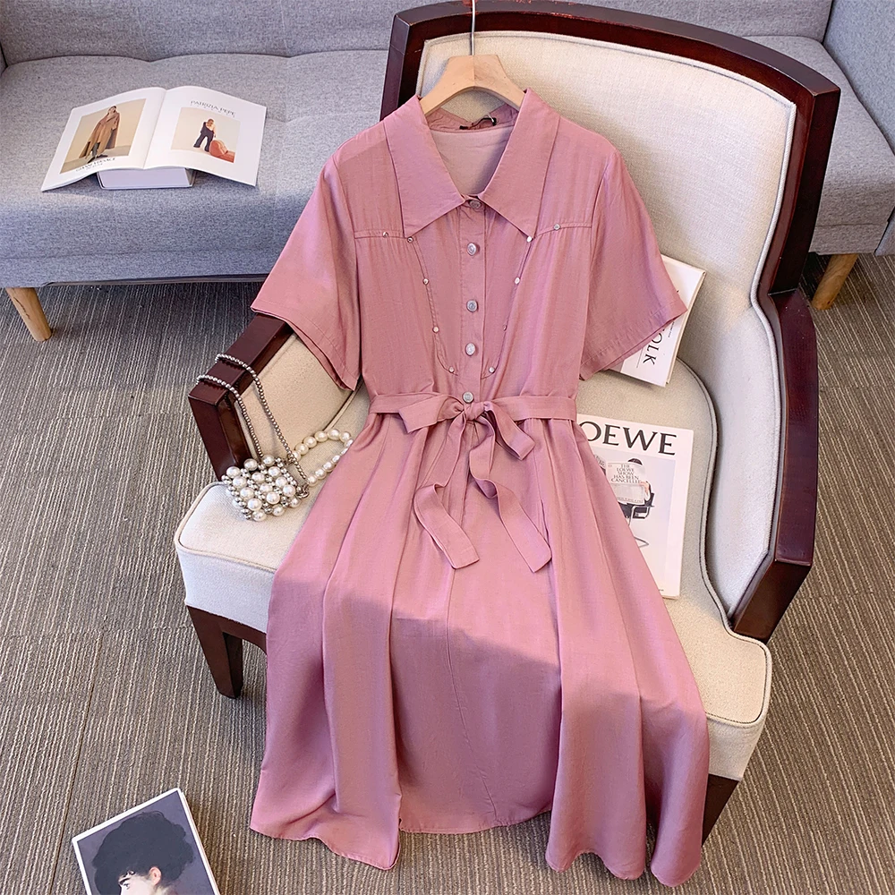 

Plus-size women's summer casual dress Cotton polyester fabric loose comfortable pink long skirt button decorative belt waist