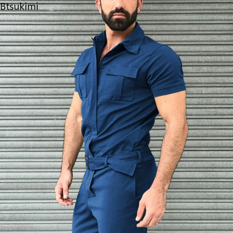 New 2024 Men\'s Solid Overalls Casual Street Wear Overalls for Men One Piece Jumpsuit Men\'s Fashion Overalls Basic Work Outfits