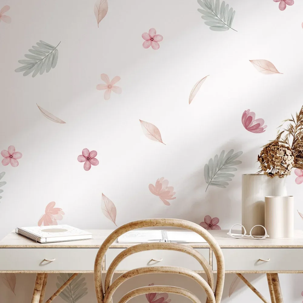 Boho Pink Floral Botanical Wall Stickers Decoration for Kids Room Living Room Interior House Decor Vinyl Wall Decals Art Mural
