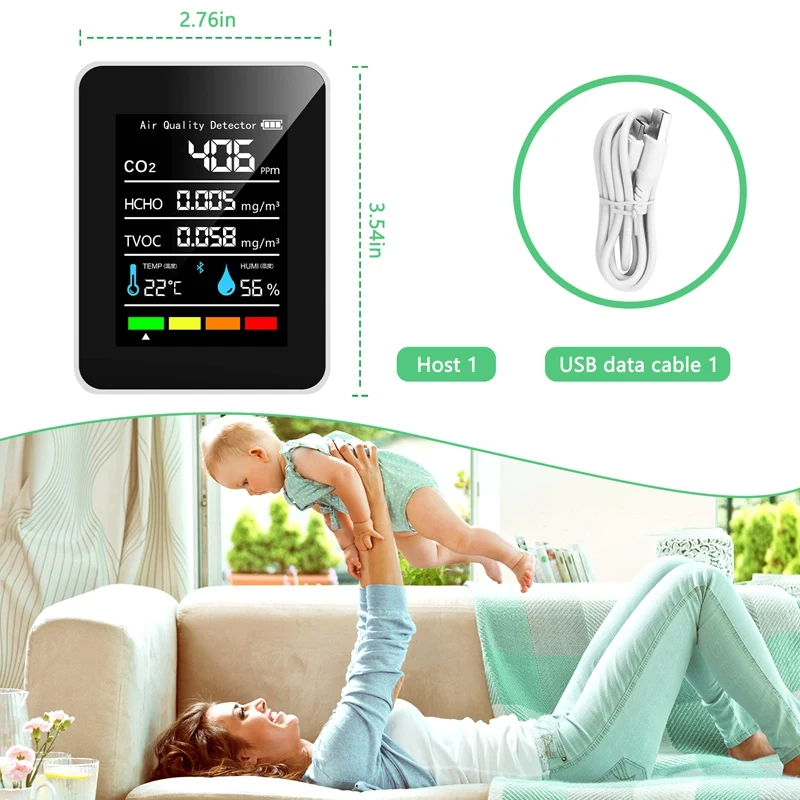5 In1 CO2 متر الرقمية جهاز قياس درجة الحرارة والرطوبة كاشف ثاني أكسيد الكربون مراقبة جودة الهواء TVOC HCHO محلل-ABJU