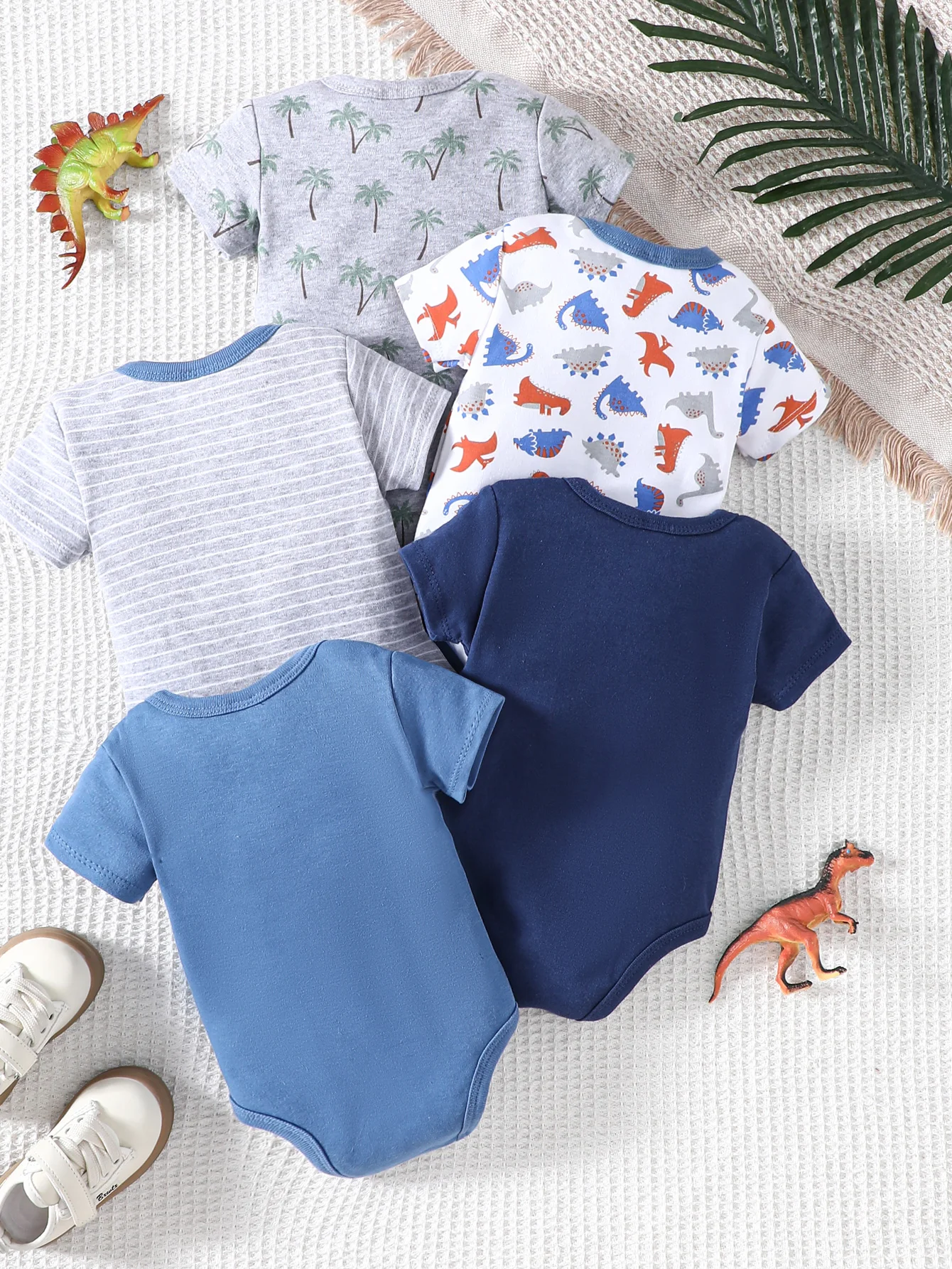 New 5-piece Boy\'s Baby Triangle Jumpsuit With Gray Blue Dinosaur Animal Pattern Creative Pure Cotton For Comfort  Softness