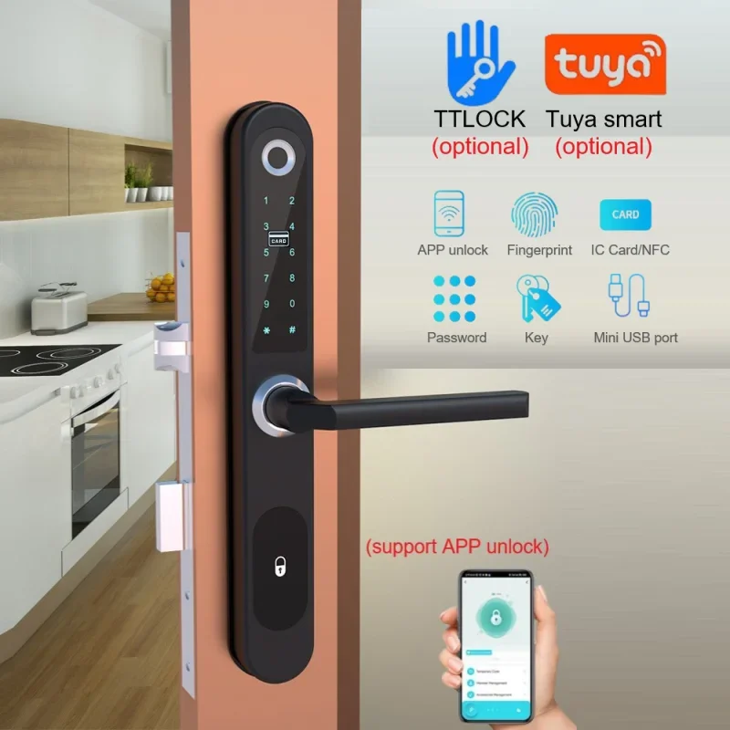 TTLock/Tuya APP Smart Fingerprint Password Lock Outdoors Waterproof APP RFID Card Digital Electronic Lock for Push Pull Door