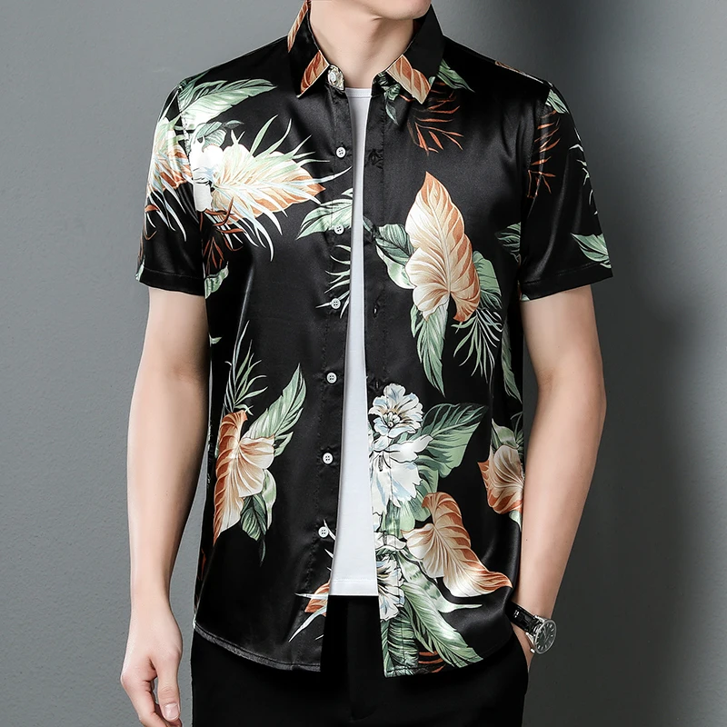 

Men's Silk Shirts 2022 Summer Floral Printed Short Sleeve Tops Male Smooth Soft Printing Silk Dress Shirts