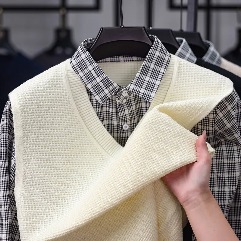 

Новый мужской вязаный свитер 2025 года с воротником-стойкой, базовый слой для тепла, молодежный модный осенне-зимний комплект из двух предметов, цветной