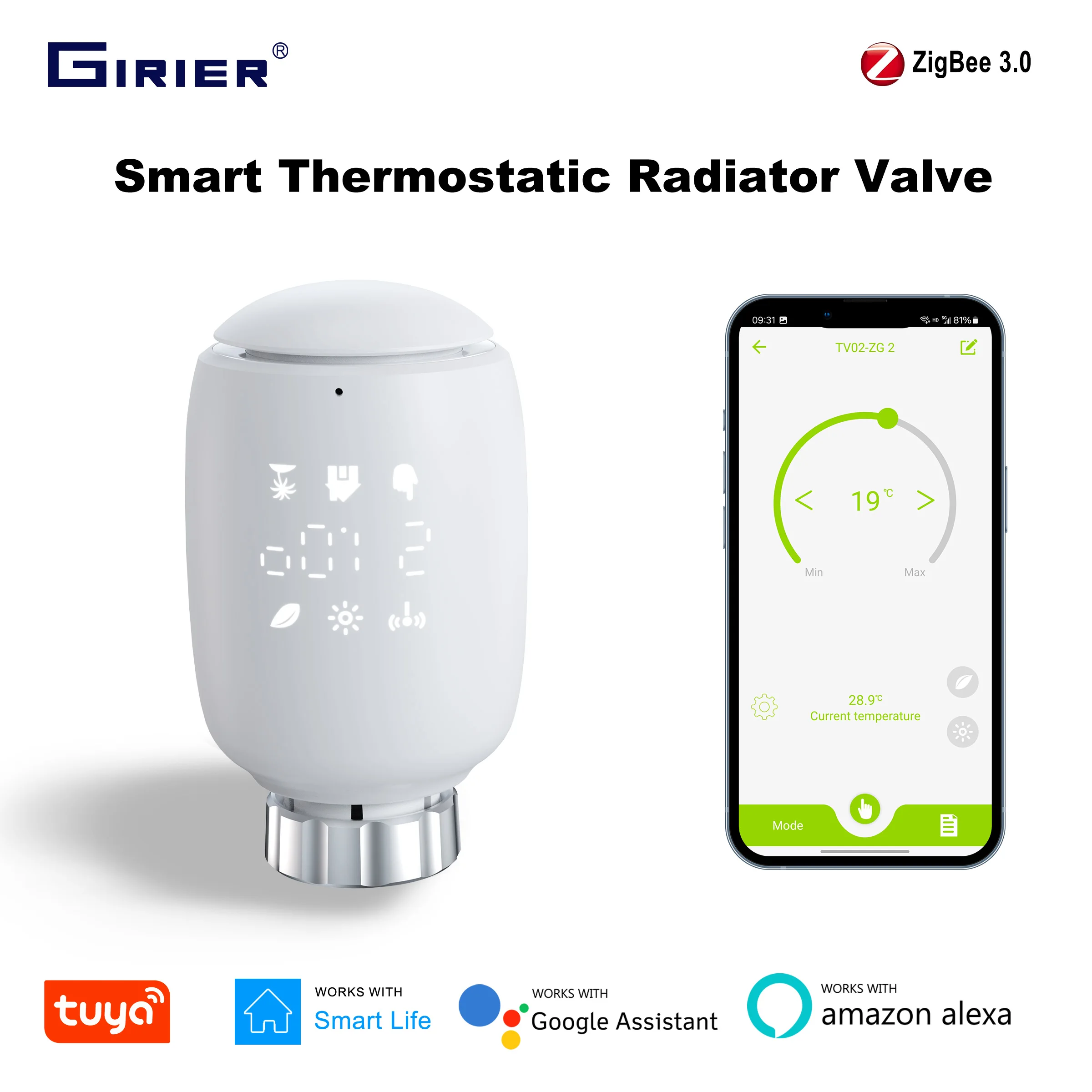 GIRIER TRV Tuya ZigBee Thermostatic Radiator Valve Smart Radiator Thermostat Programmable Temperature Controller Work with Alexa