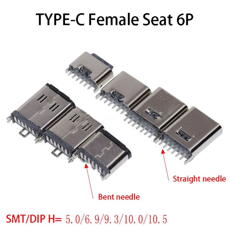 1PC TYPE-C Female Seat 6P Vertical Insertion Vertical Patch 5 6.9 9.3 10.0 10.5MM Harpoon SMT DIP USB Type C 6P Straight bent