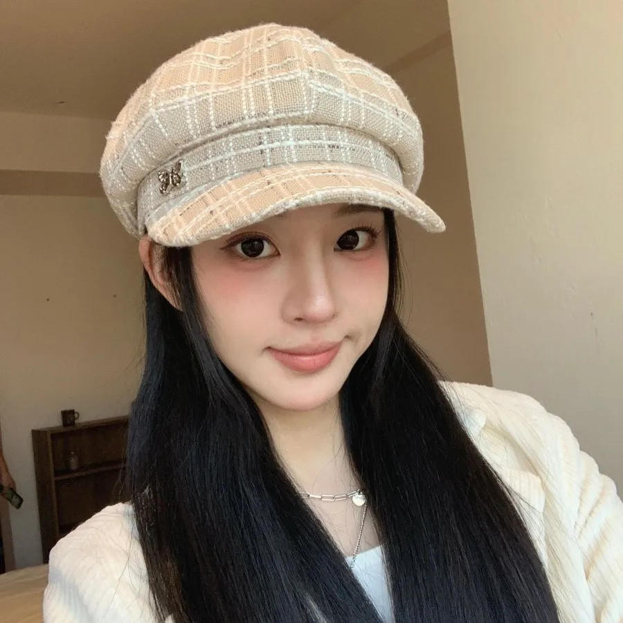 

2025 new plaid octagonal hat shows the face small beret women's spring and autumn British temperament personalized painter hat
