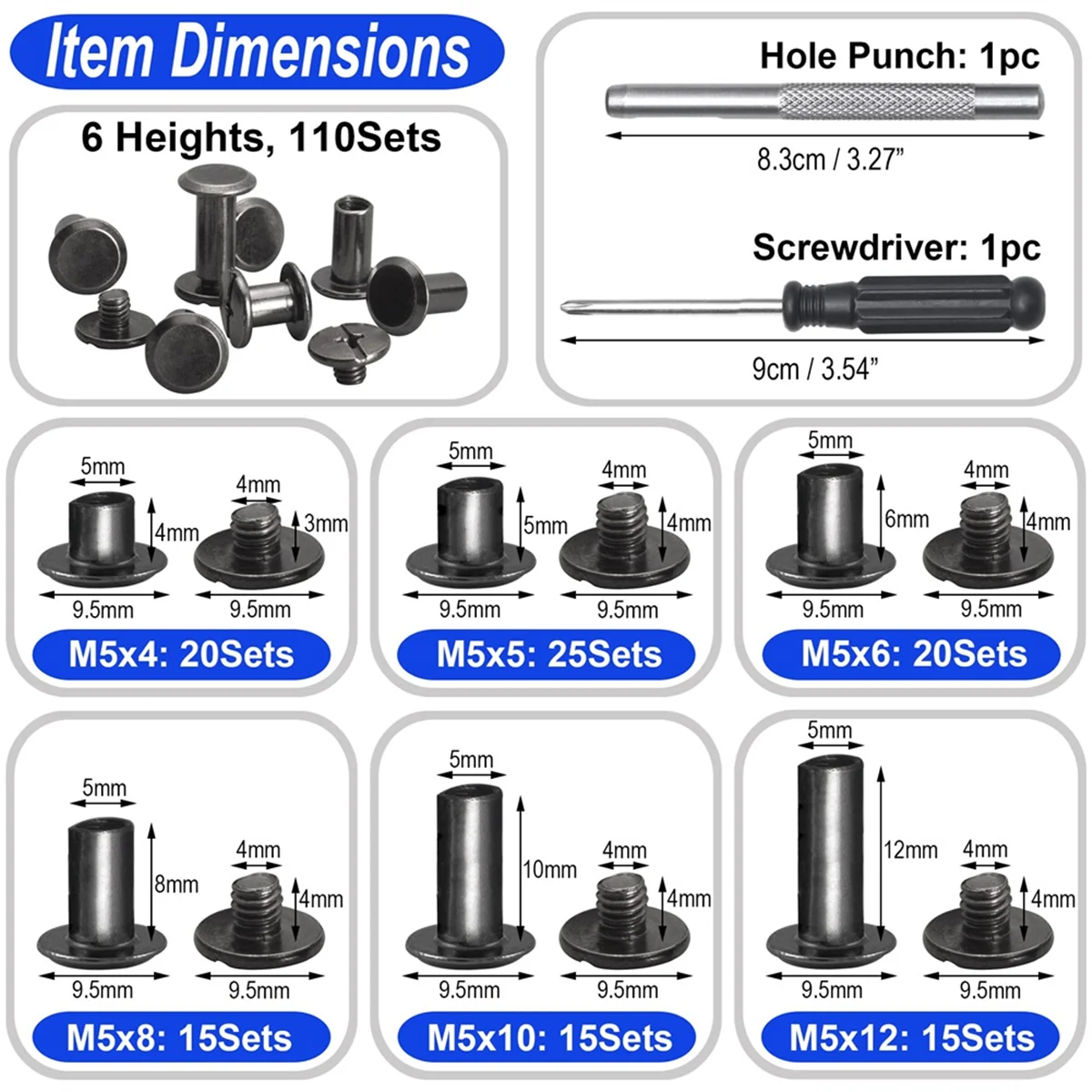 Chicago Screw Leather Rivets Assorted Screw Rivets M5 Chicago Binding Screws for Decorating PU Craft Belts (110PCS) B