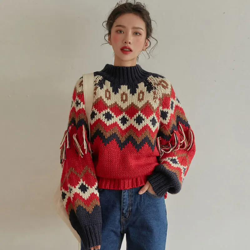 Long Sleeve Autumn Winter Warm Christmas Sweater Vintage Red Jacquard Knit Sweaters Women Boho Tassle Jumper Pullover