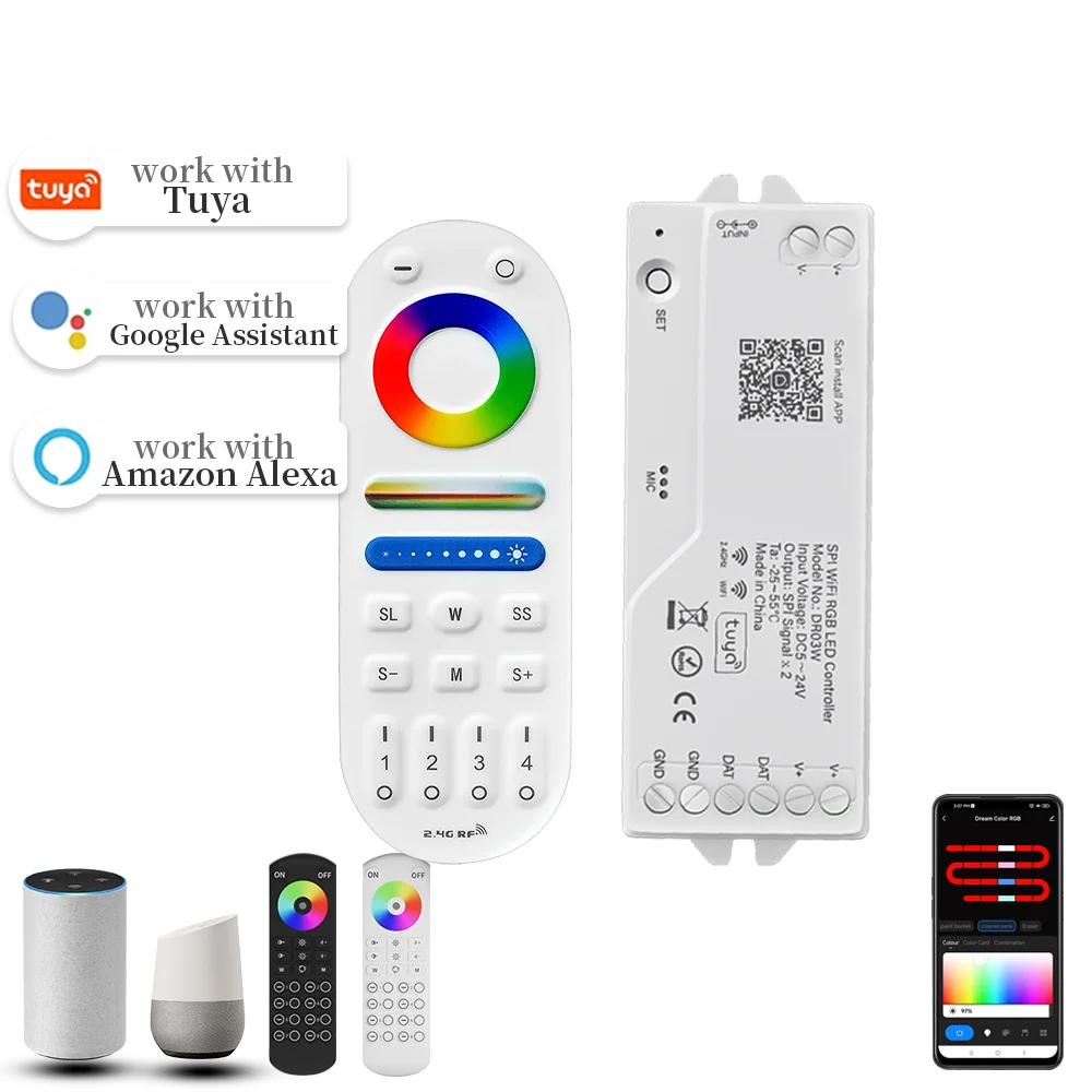 

DR03W/DR04W Tuya WIFI LED Controller dimmer Work With Google Alexa Home WiFi Wireless Control WS2812 WS2815 5050 RGB LED Strip