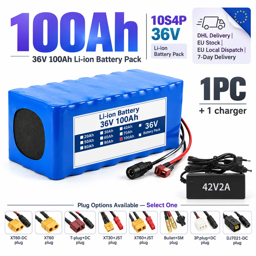 100Ah Kapazität 36V 10S4P wiederaufladbarer Akku des Verkäufers mit wählbarem XT60-DC-Stecker, XT60-Stecker, T-Stecker+DC-Stecker und Ladegerät-Option