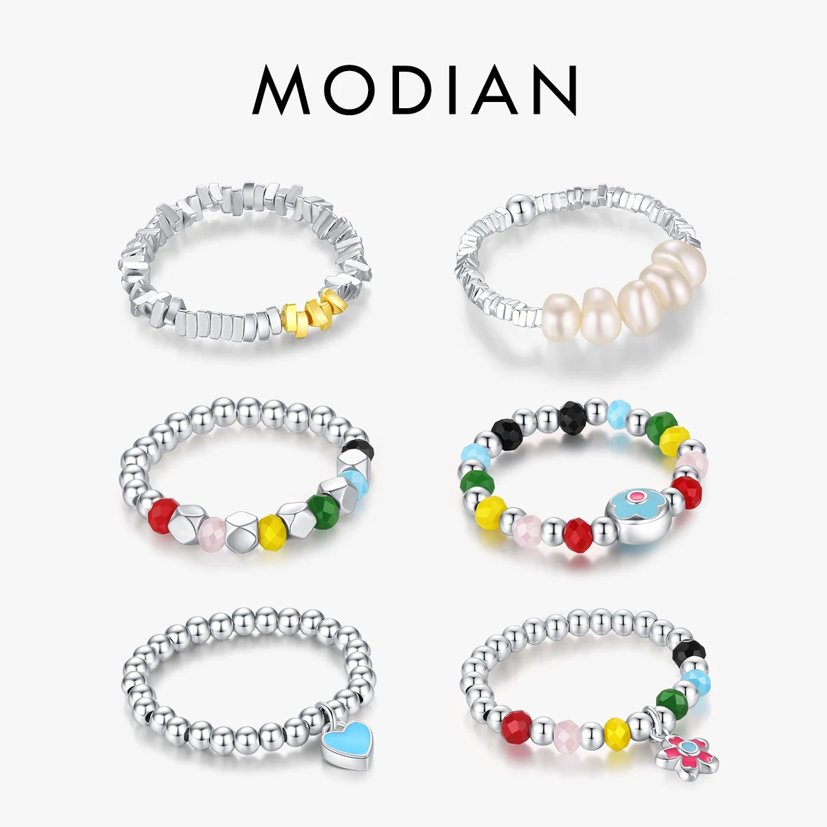 MODIAN 925 Sterling Silver Rainbow Dopamine Beads Adjustable Finger Ring Sweet Stackable Fine Jewelry For Women Girls Gifts