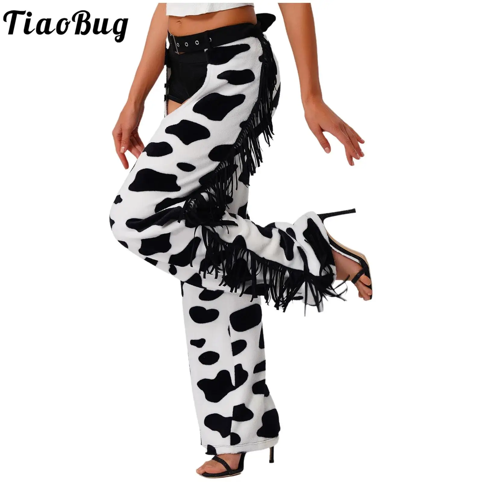 

Women Hippie Cowgirl Cow Pattern Flannel Pants Adjustable Waist Open Crotch Cowgirl Performance Pants Halloween Cosplay Costume