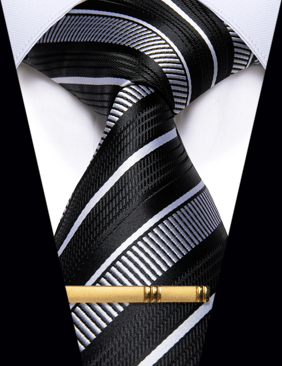 

Luxury Striped Tie for Man Jacquard Black White Necktie with Clip Set for Male Shrit Dress Accessories corbatas para hombre Gift