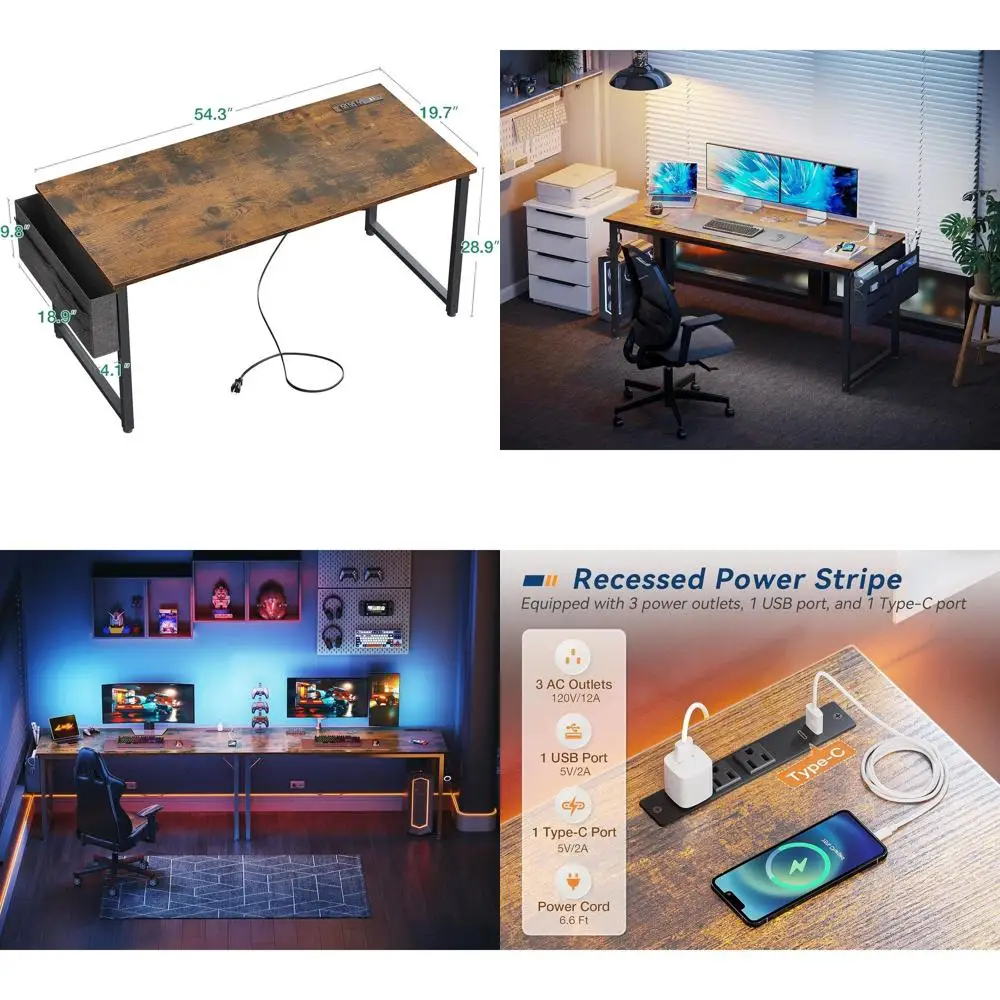 

Rustic Brown 55 Large Desk with Power and USB Ports, Storage and Paper Holder for Home Office or Gaming