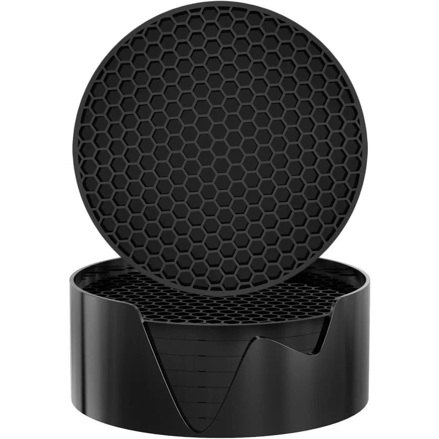 

Silicone Coasters [8 Pack] with Holders Drink Coasters for Hot or Cold Drinks Thickened Non-Slip Non-Stick Black