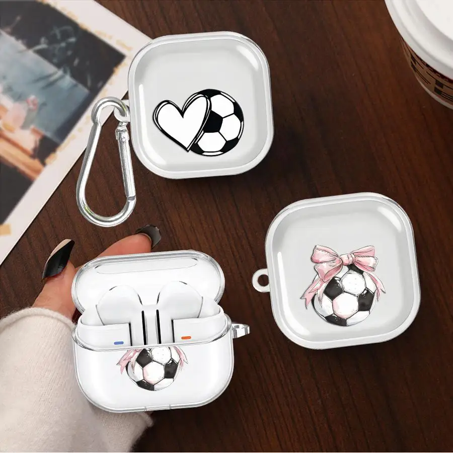 Pink Bow Football Pattern Case For Samsung Galaxy Buds 4 Pro 2 Live 2Pro 3 FE 4Pro 3Pro Clear Earphone Cases Cover With Hook