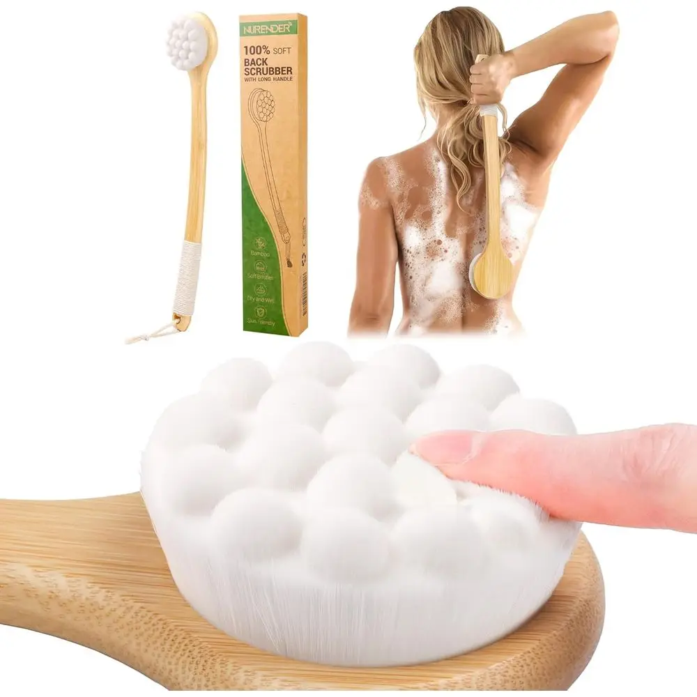 

Щетка для спины для душа, длинная ручка 17,32 дюйма, мягкая щетина для чувствительной кожи, эффективно для очищения, нескользящая ручка, мулон на стену