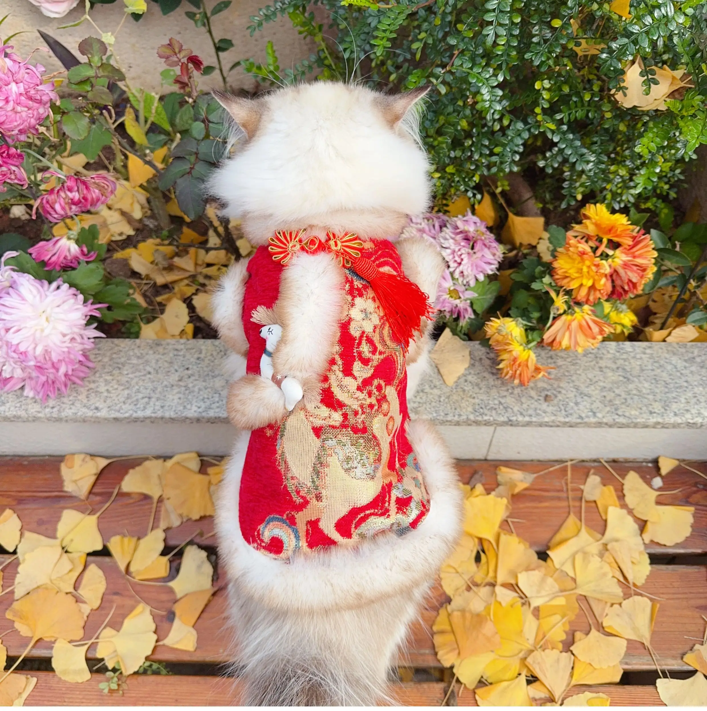 

Red Plush Princess Dress Luxury Handmade Winter Clothing for Small Medium Dogs Chihuahua Chinese Style Print Pet Clothes