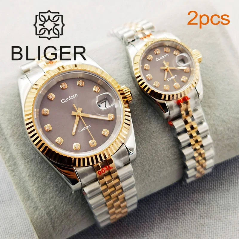 BLIGER 남녀공용 기계식 손목시계, 연인 시계, 투톤 로즈 골드 그레이 다이얼, 사파이어 글라스 주빌리 스트랩, 26mm, 40mm