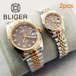 BLIGER Luxury Two-tone Rose Gold Custom 26mm NH05 Lady's Watch  39mm NH35 Men's Watch Gray Dial Sapphire Glass Waterproof 2PCS