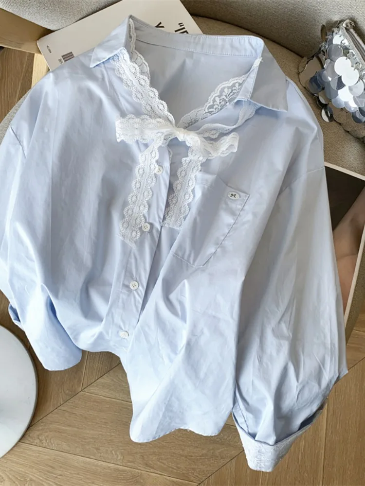 

Женская осенняя свободная блузка с длинным рукавом, с защитой от солнца, с кружевными вставками, в японском стиле, синяя