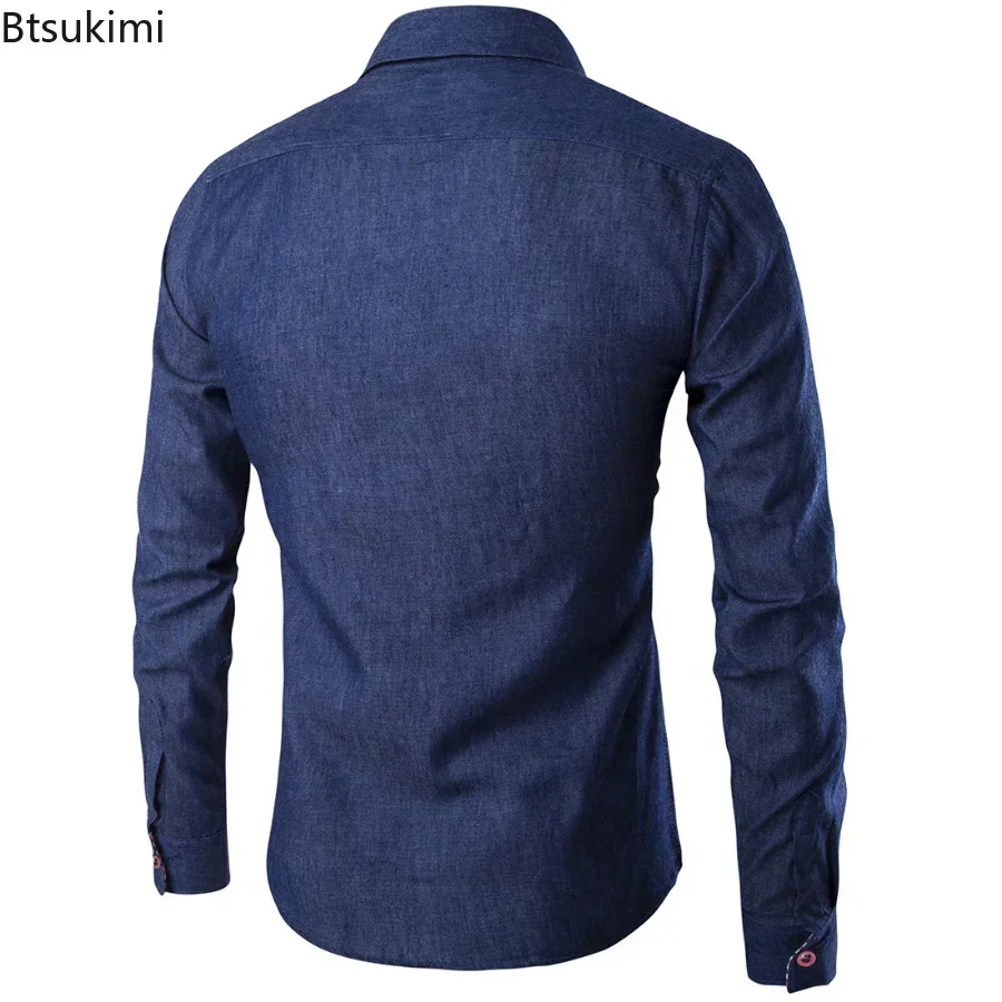 Camisa jeans de manga comprida masculina, slim fit, com botões, blusa casual, camisas formais masculinas, 2022