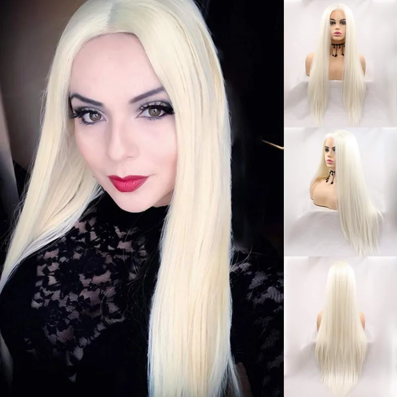 

Платиновый белый блонд, парик без клея с кружевной передней частью 13x4, длинный прямой парик для Хэллоуина