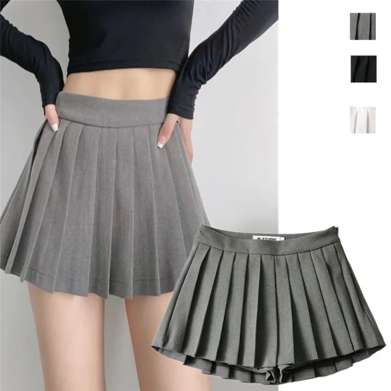 

Versatile High Waist A-Line Skirt Pure Color Anti-Light Folded ort Skirt Slimming Effect Front ort Ba Long