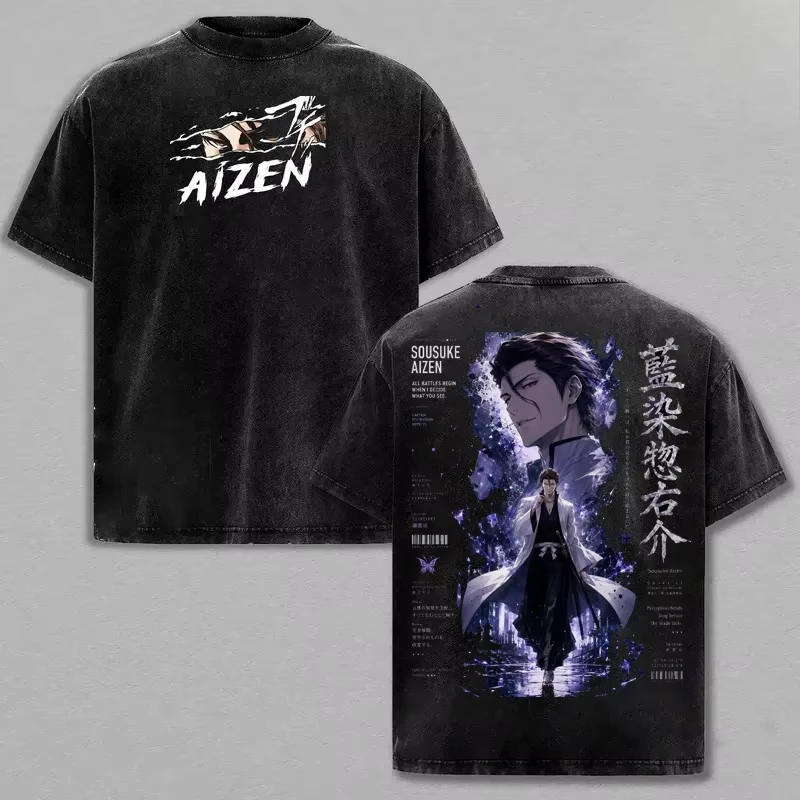 Hot Sale Summer Anime BLEACH Aizen Sousuke Manga Washed T Shirts Y2K Men Women Harajuku Cotton Gothic Round Oversized T-shirts