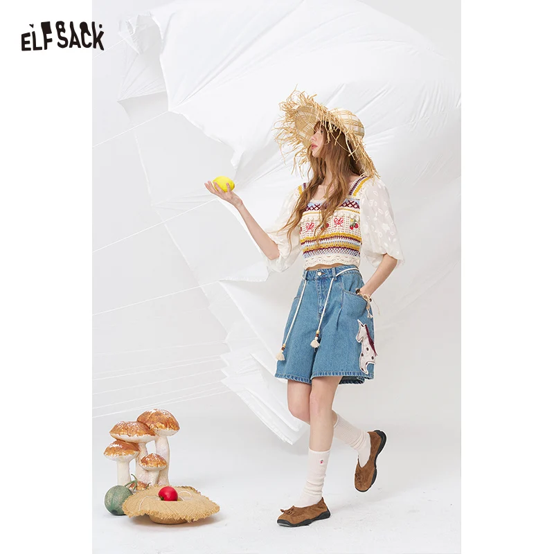 ELFSACK Horse Patch Denim Shorts, High Waist Wide Leg Baggy Jeans with Tassel Drawstring, Casual Loose Vintage Summer Outfit
