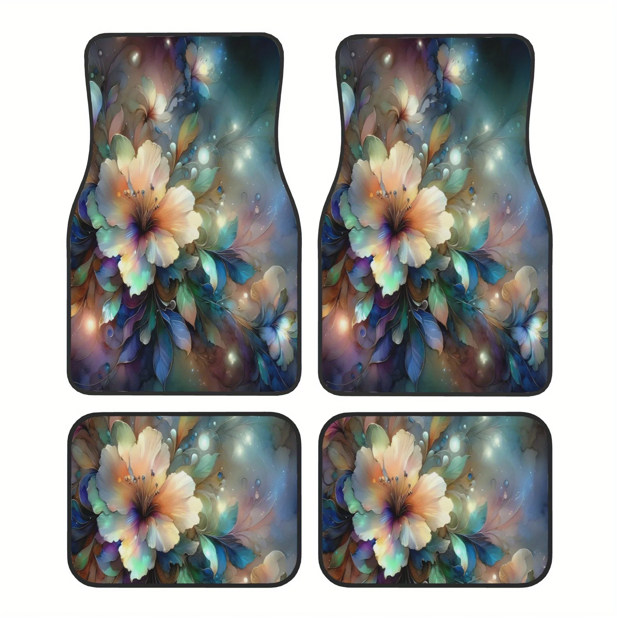 4pcs Abstract Painting Of A Bunch Of Flowers On A Dark Background Pattern Universal Car Floor Mats - Polyester Material, Non-Sli