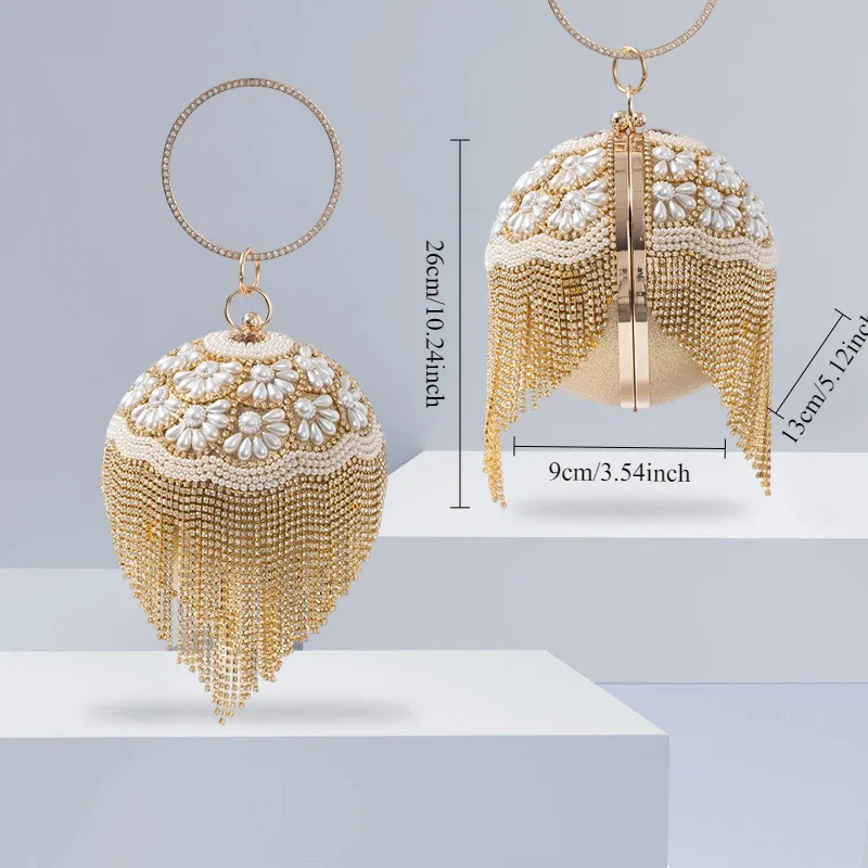 

1PCS Elegant Pearl Evening Clutch Purse with Spherical Tassel Design, Stylish Lady Handbag for Outing Events