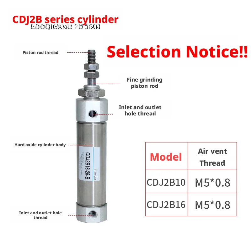 Single Action CDJ2B6, CDJ2B10, CDJ2B16 Pneumatic Air Cylinder Mini Small Magnetic Stainless Steel  Axial Air Inlet Single Rod