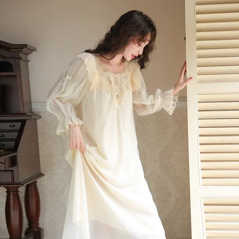 Women Summer Sweet Mesh Ruffle Modal Sleeve Robe Nightwear Victorian Vintage Nightgown Embroidery Long Night Dress Sleepwear