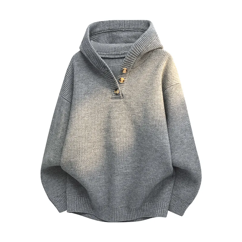 

Men Hooded Sweaters Knitted Pullovers Autumn Winter Thicken Warm Knitwear Solid Color Half Button Tops Male Casual Outerwear